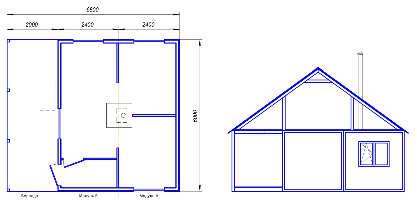 M435. Садовый  домик «Мечта» на базе двух модулей размером 6×6,8 м с верандой